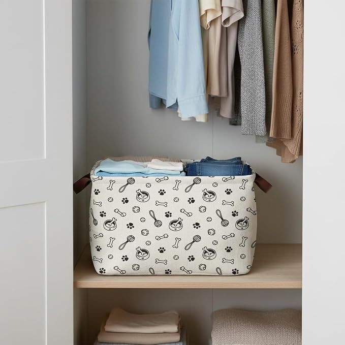 Dog Paw Storage Basket Waterproof Canvas Toy Storage Bin Storage Organizer Collapsible Outdoor Basket with Leather Handles Dog Toy Bin Blanket Baskets For Closets,Bedrooms,Gifts Baskets