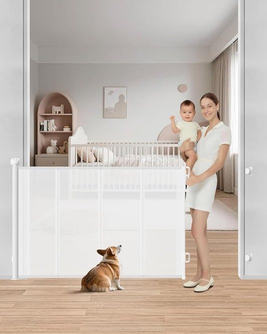 Retractable Baby Gate, 55" Wide Mesh Gate with 4 Reinforced Rods, Prevents Kids & Dogs from Crawling Under, 34" Tall Easy-to-Use Pet Gate for Stairs, Bedrooms, Hallways, Indoor/Outdoor, White