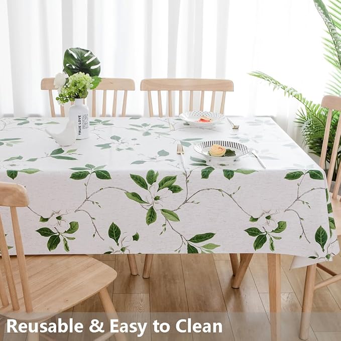 TruDelve Heavy Duty Vinyl Table Cloth for Kitchen Dining Tables Wipeable PVC Tablecloth for Rectangle Table (54'' x 84'', Green Leaves)