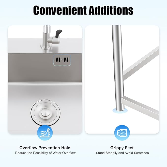 Free Standing Single Bowl Kitchen Sink Commercial, Outdoor Utility Sink Stainless Steel with Water Pipe Faucet Small Portable Sink Hand Wash Station for Garage Garden Backyard (18X16X30in)