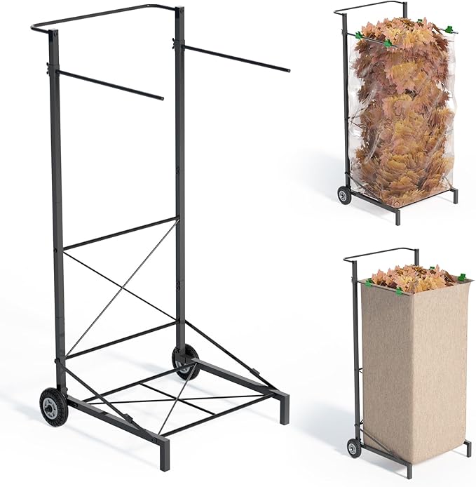 Natheeph Trash Bag Holder - Heavy Duty Metal Outdoor Leaf Bag Holder with Wheel, Adjustable Yard Waste Bag Cart Fits 30-55 Gallon Garbage Bags, Foldable Garden Leaf Bags Stand for Yard Work