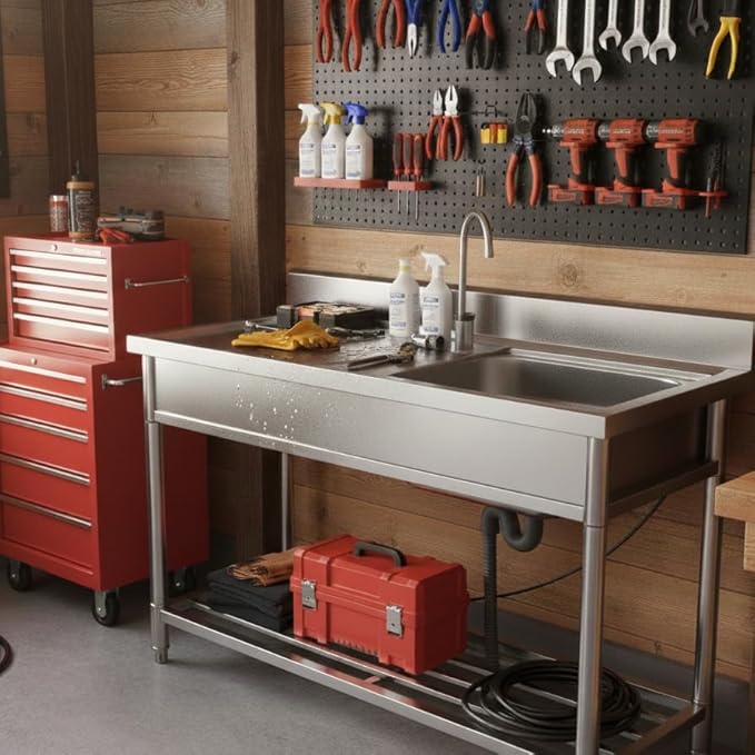 Stainless Steel Sink, Free Standing Kitchen Sink with Countertop Workstation, Utility Sink Single Bowl with Cold and Hot Water Pipe for Kitch Laundry Room Garage Farmhouse Indoor Outdoor (39 Inch)