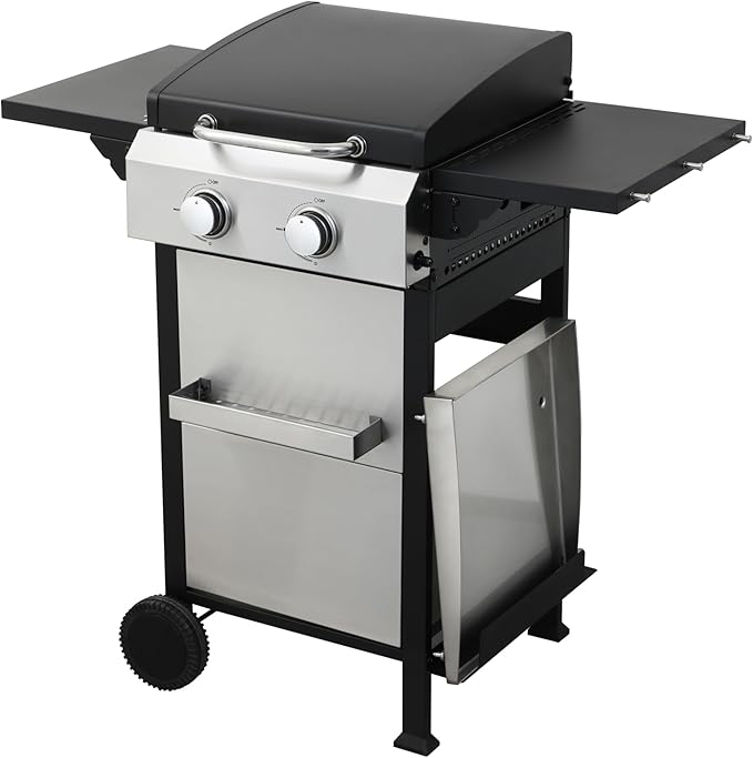 2-Burner Gas Grill, 24600 BTU Portable BBQ with Foldable Side Table & 6" Wheels, Dual-Function Cooking with Baking Rack & Flat Griddle for Outdoor, Patio, Camping & Tailgating