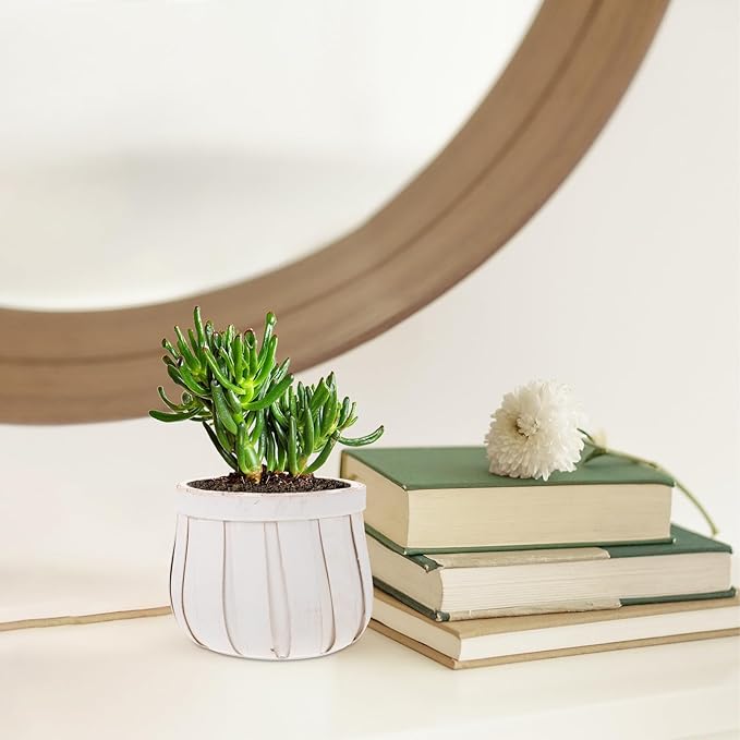 Round Woven Flower Pot with Plywood Base Flower Holder Planter for Indoor Outdoor Use Compact Stackable Storage Container for Home Garden Balcony White