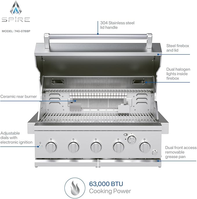 Spire Premium 5 Burner Built In Gas Grill Island Head, Stainless Steel 30 Inch Propane Grill with Rear Burner, 63,000 BTUs, 750 SQ In Racks, Dual Fuel Compatibility - 740-0788P