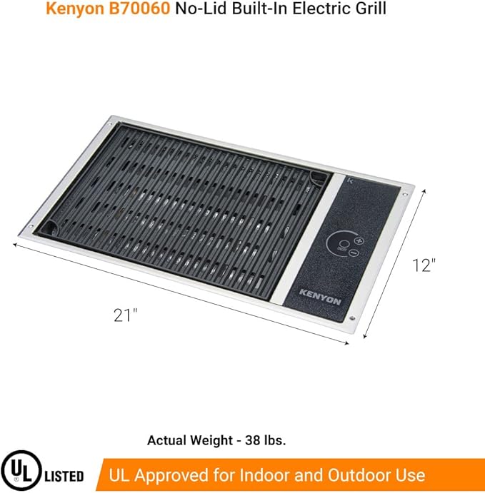 Kenyon No-Lid Built-In Electric Grill, Stainless Steel Grill With Single Burner, Quick Heat Up, Digital Touch Panel, UL-Approved For Indoor And Outdoor Use, Dishwasher Safe Grate, 120V