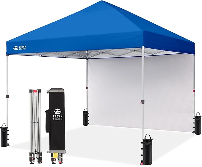 CROWN SHADES 8x8 Pop Up Canopy with 1 Side Wall - Beach Tent with One Push Setup - Outdoor Sun Shade for Events, Parties, Camping - Gazebo with STO-N-Go Cover Bag (Blue)