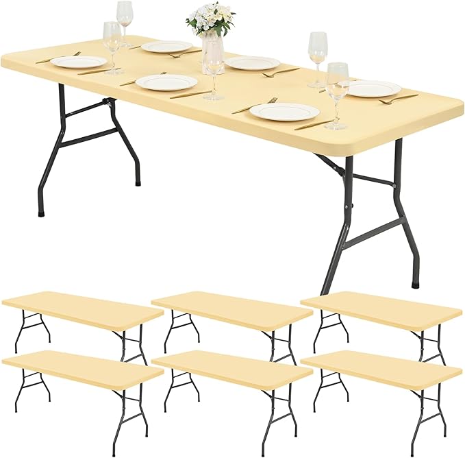 6 Pack Stretch Fabric Table Top Cap Cover, Beige Table Covers fits 8Ft Tables, Washable Elastic Universal Rectangle Tablecloth Protector for Indoor Outdoor Party Picnic Wedding (30" W x 96" L)
