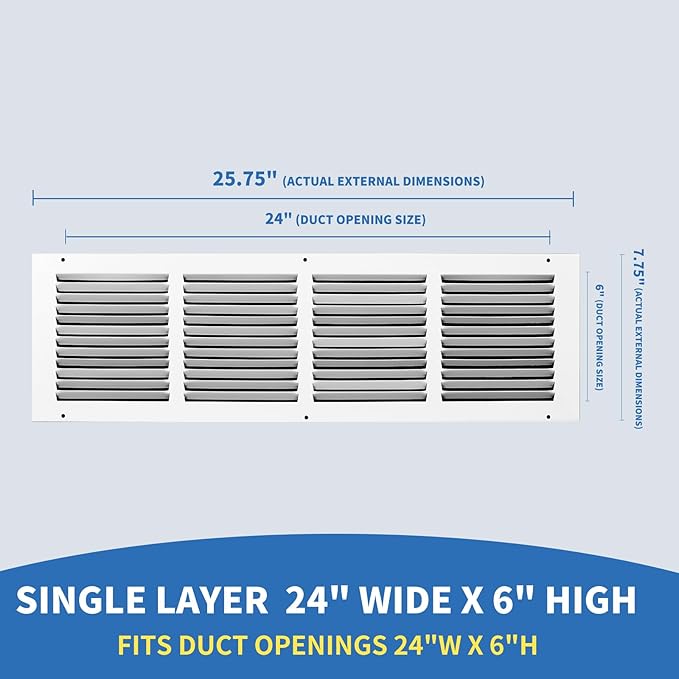 24x6 Return Air Grille (Duct Opening Size), Air Return Vent Cover, AC Vent Cover, Cold Air Return Vent Cover, Flat Return Air Grilles, Outer Dimensions:25.75"W x 7.75"H (24"Wx6"H, Duct Opening)