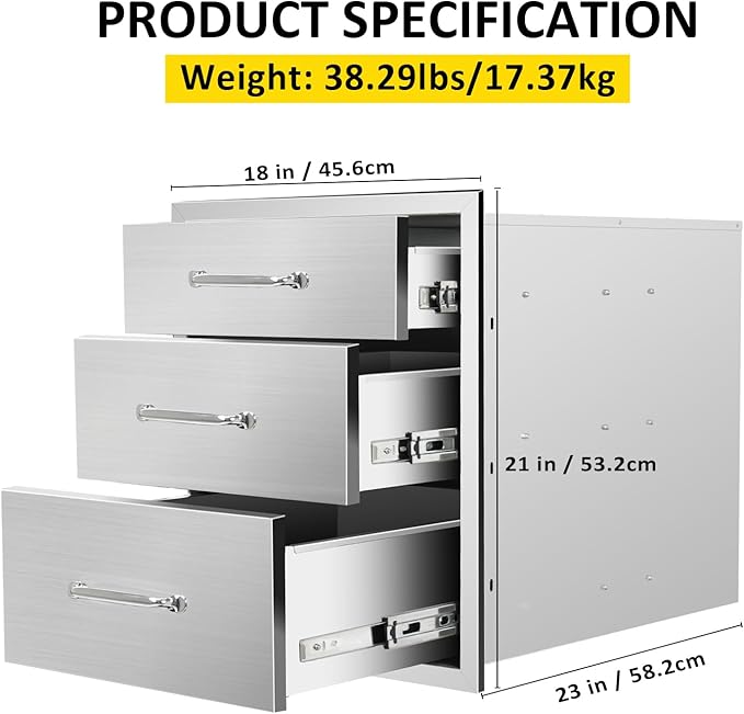Outdoor Kitchen Drawers 18" W x 21" H x 23" D Flush Mount Triple BBQ Drawers with Chrome Handle Stainless Steel Drawer for Outdoor Kitchen Island, Patio Grill Station