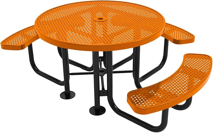 COATEDOUTDOORFURNITURE Heavy-Duty Portable Outdoor Picnic Table with Umbrella Hole, Punched Steel Patio Dining Furniture Made in America (46" Round Top, Orange)