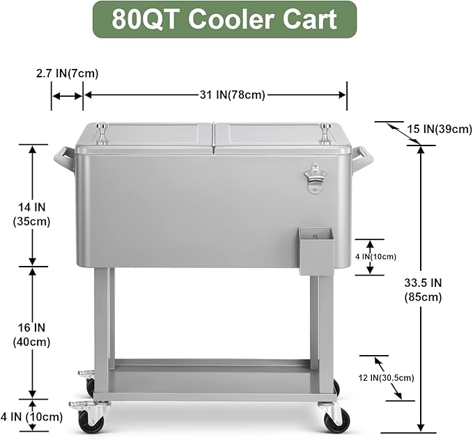 EDOSTORY 80 Quart Rolling Ice Chest Cooler Cart,Patio Backyard Party Drink Beverage Bar Stand Up Cooler Trolley with Ice Scoop