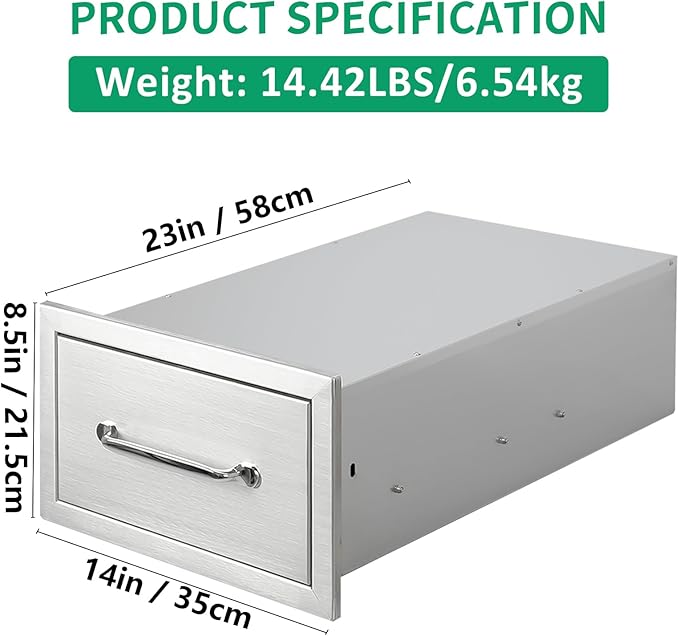 Outdoor Kitchen Drawers 14" W x 8.5" H x 23" D Stainless Steel Single Drawers with Ergonomic Handle for BBQ Island, Patio Grill Station & Outdoor Kitchen Cabinets