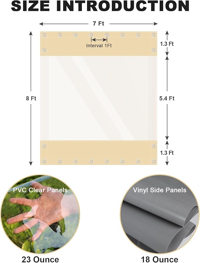 Clear Vinyl Curtains for Patio Enclosure, 23oz Heavy Duty Waterproof Anti-UV and Tear-Resistant Tarpaulin with Grommets, Weatherproof Panels for Porch, Pergola, Gazebo, Balcony, Outdoor