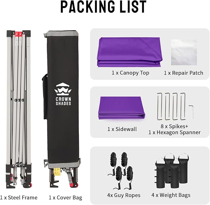 CROWN SHADES 10x10 Pop Up Canopy with 1 Side Wall - Beach Tent with One Push Setup - Outdoor Sun Shade for Events, Parties, Camping - Gazebo with STO-N-Go Cover Bag (Purple)