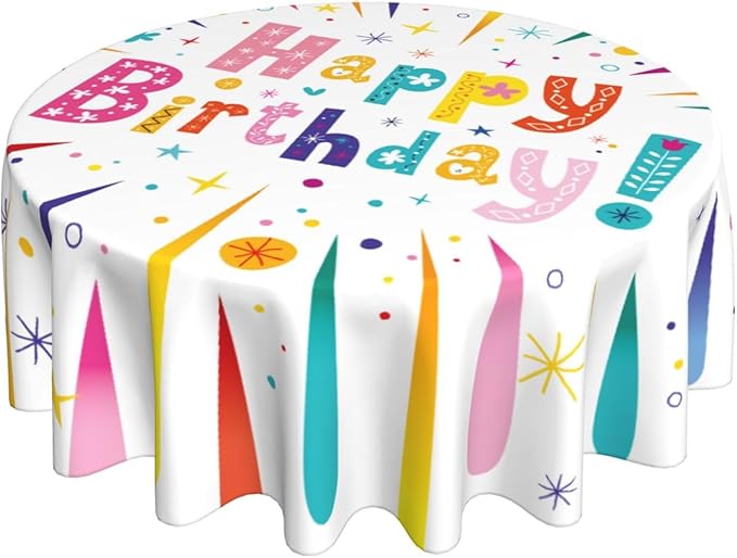 Happy Birthday Round Tablecloth Happy Birthday Tablecloth 60 Inch Waterproof Rustic Table Cloth Fabric Farmhouse Stripe Decorative for Picnic Party Holiday Home Indoor Outdoor