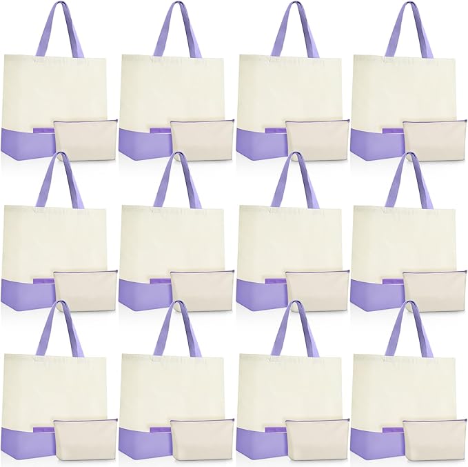 Sanwuta 24 Pcs Canvas Tote Bags Bulk with Zipper Cosmetic Bags 18.5" Cotton Canvas Bag with Handles Reusable Shopping Bags
