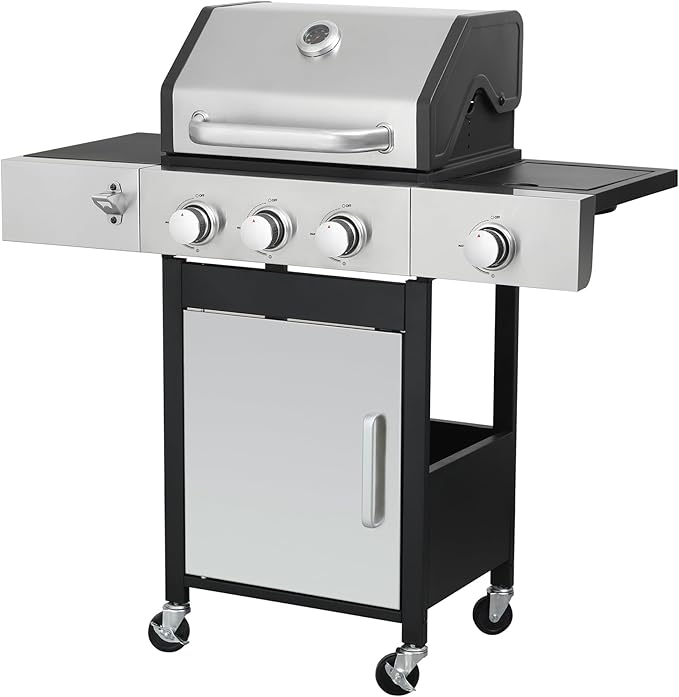 3-Burner Gas Grill with Side Burner, 37230 BTU Outdoor BBQ, Large Cooking Area with Enameled Cast Iron Grates, Locking Wheels & Foldable Side Tables for Patio & Backyard(3+1 Burner)