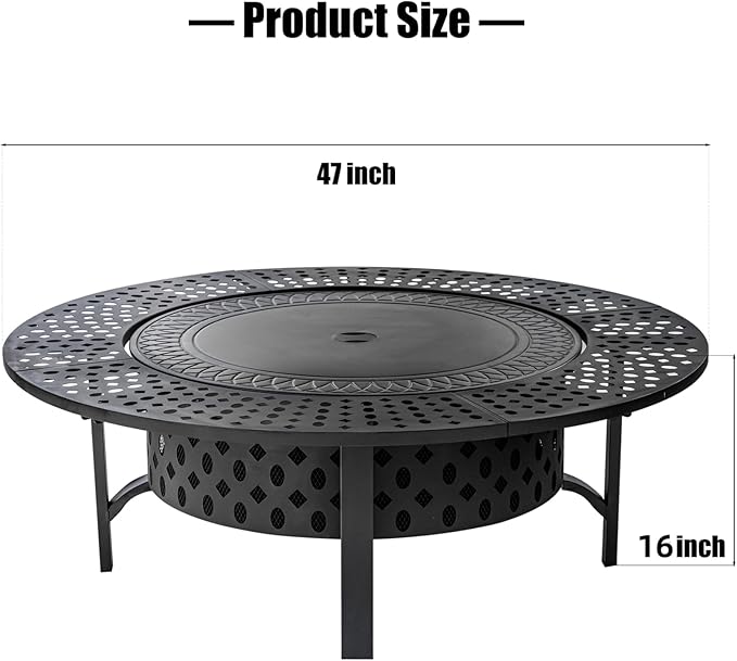 47 Inch Fire Pit with 2 Grills, Wood Burning Fire Pits for Outside with Lid & Poker, BBQ& Outdoor Firepit & Round Metal Table 3 in 1 for Patio, Picnic, Party