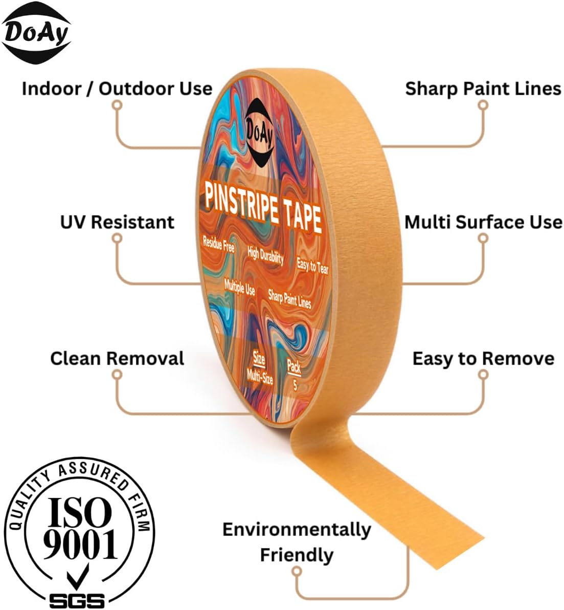 5 Rolls Pinstripe Tape - Masking Tape 1/16", 1/8", 1/4", 1/2", 3/4" - Thin Painters Masking Automotive Tape for DIY, Car, Auto, Paint, Art, Tumblers (Brown)