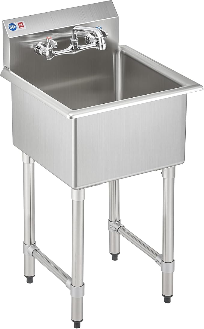WILPREP 1-Compartment Sink, 18x18x12 in. Kitchen Sink with Strainer X-Shaped Guides Backsplash, Freestanding Single Bowl Utility Sink, Work Station Sink for Garage Kitchen Laundry Room Pet Salon