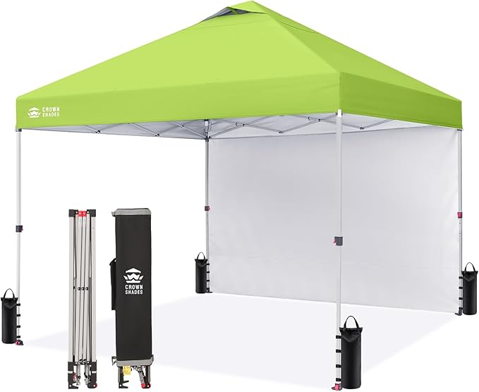 CROWN SHADES 10x10 Pop Up Canopy with 1 Side Wall - Beach Tent with One Push Setup - Outdoor Sun Shade for Events, Parties, Camping - Gazebo with STO-N-Go Cover Bag (Green)