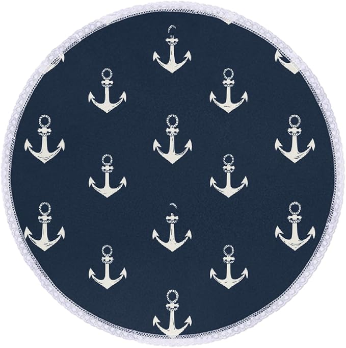 Round Tablecloth Waterproof Table Cloth for Kitchen Dinning Wedding Party Tabletop Decor,Nautical Anchor On Navy Blue Table Cover with Lace Trim,60 Inch