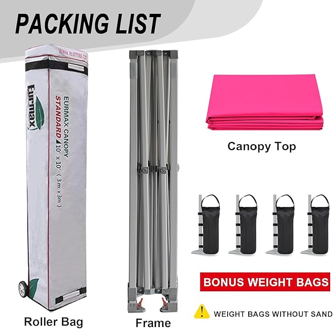 Eurmax USA Standard 10x10ft Patio Pop Up Canopy Tent for Outdoor Events Commercial Instant Canopies with Heavy Duty Roller Bag,Bonus 4 Canopy Sand Bags (Pink)
