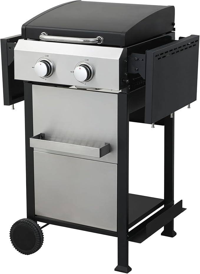 2-Burner Gas Grill, 24600 BTU Portable BBQ with Foldable Side Table & 6" Wheels, Dual-Function Cooking with Baking Rack & Flat Griddle for Outdoor, Patio, Camping & Tailgating
