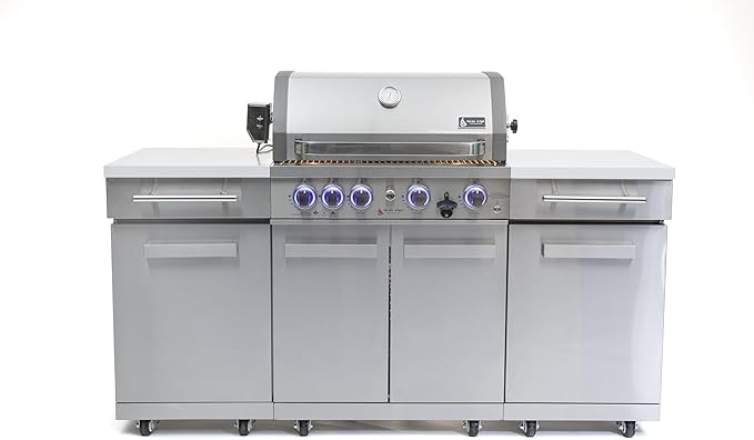 Mont Alpi MA-957RS Propane Natural Gas 5-Burner Compact Outdoor Kitchen Gas Barbecue Grill Island in Stainless Steel with Infrared Rear Burner + Storage Cabinets + Rotisserie Kit & Full Weather Cover