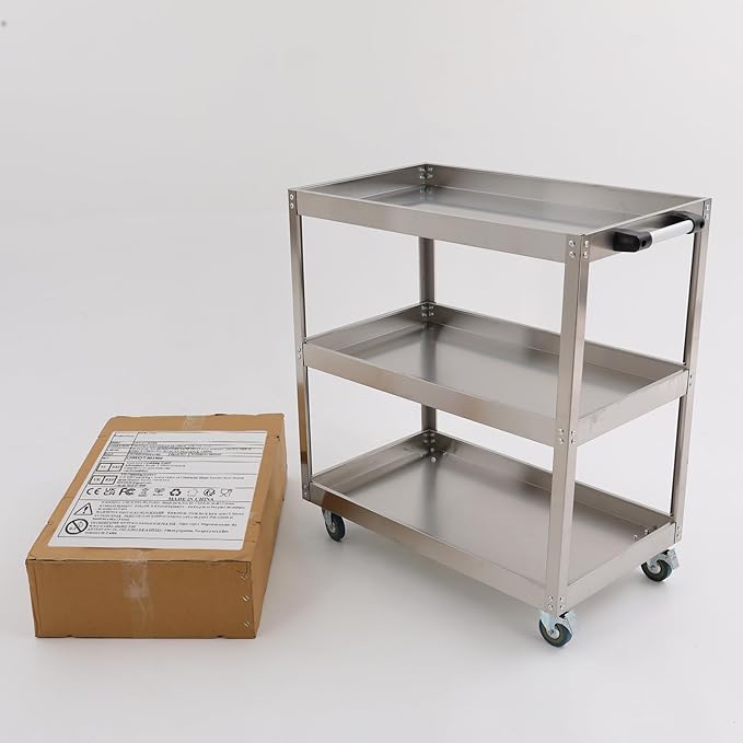 Stainless Steel Utility Cart, Heavy Duty 3-Tier Service Cart with 4 Wheels (2 Locking), 440 lbs Capacity Rolling Cart for Kitchen, Restaurant, Garage, Workshop, Silver