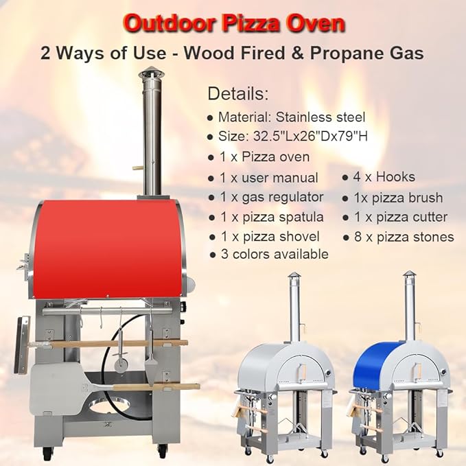 32.5" Wood Fired & Propane Gas Pizza Oven with Waterproof Cover, Large Outdoor Oven with Open Shelf and Wheels for BBQ, Grilling, Stainless Steel Pizza Oven for Outdoor, Backyard and Party (Red)