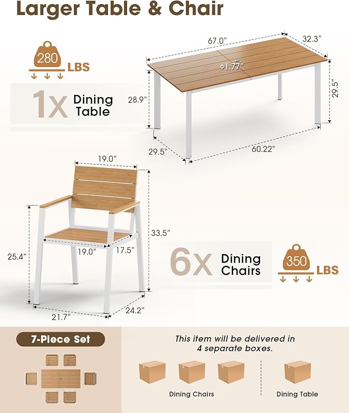 Outdoor Patio Dining Set for 6, Aluminum 7 Piece HDPS Patio Table and Chairs Set with Umbrella Hole, Modern Rectangular Patio Furniture Set with All-Weather Table & 6 Chairs (White & Teak)