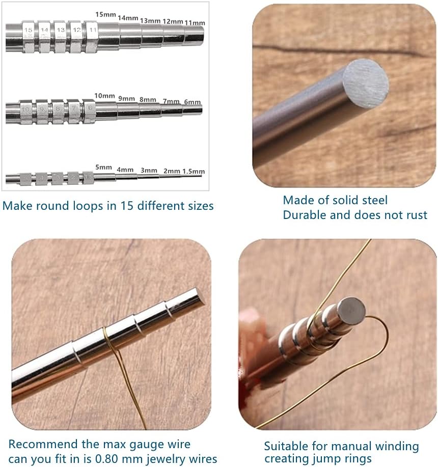 MMoon-L&F Wire Looping Wrapping Step Mandel Steel Round Bead Working Loop Jump Ring Metal Jewelry Forming Tool with 3pcs and 15 Sizes