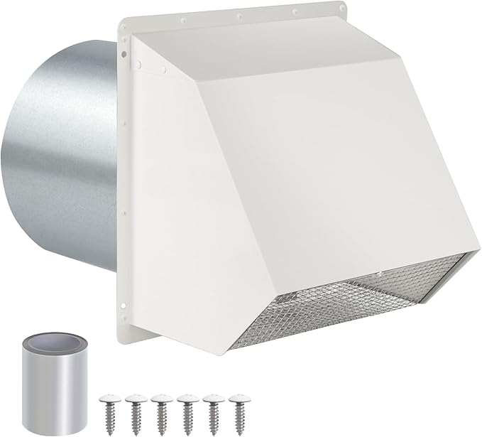 6 Inch Hooded Wall Vent with Screen and Damper,Wall Exhaust Vent Cover Cap,Dryer Vent Cover Outside,Exterior Wall Vent Hood Outlet Air Vent for Kitchen Range Hood Air Ventilation,Galvanized Steel,Whit