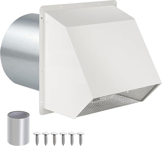 12 Inch Hooded Wall Vent with Screen and Damper, Outdoor Wall Exhaust Vent Cover Cap for Duct Dryer Range Hood Exterior Heating Cooling Ventilation and Outside Air Exhaust, Galvanized Steel, White