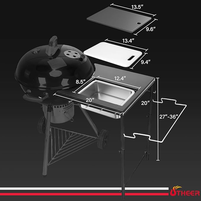 All-in-One Grill Table for Weber Kettle 22"/18"/26" & Smokey Mountain, Recteq Pellet Grill RT-B380, Prep Station with Cutting Board, Basin, 4 Hooks, Heavy-Duty Steel Side Shelf for Outdoor Cooking