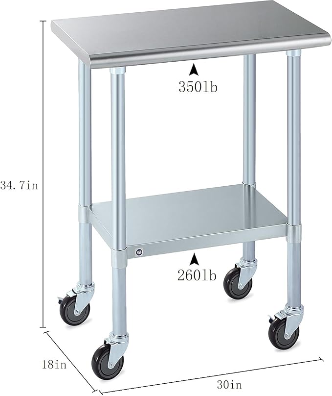 ROCKPOINT Stainless Steel Table for Prep & Work with Caster Wheels 18x30 Inches, NSF Metal Commercial Kitchen Heavy Duty Table with Adjustable Under Shelf and Table Foot for Restaurant, Home and Hotel