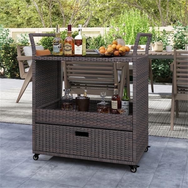 Outdoor Wicker Bar Cart with Drawer, PE Rattan Serving Trolley with Glass Top & Wheels, Mobile Beverage Station for Patio Garden Backyard Poolside, Brown