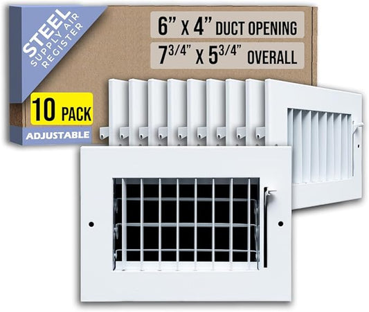 [10 Pack] Fits 6x4 Duct Opening Steel Adjustable Air Supply Grille by Handua | Register Vent Cover Grill for Sidewall and Ceiling | White | Out. Dim.: 7.75" X 5.75"