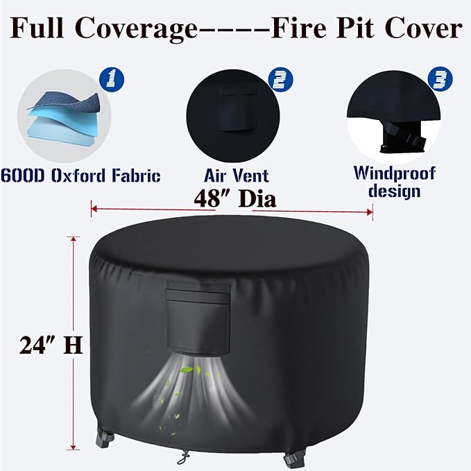 Chinchilla Heavy Duty 48 Inch Round Fire Pit Cover - 100% Waterproof & Weatherproof, Durable All-Season Protection for 45/46/47/48 Inch Propane Fire Pits and Tables