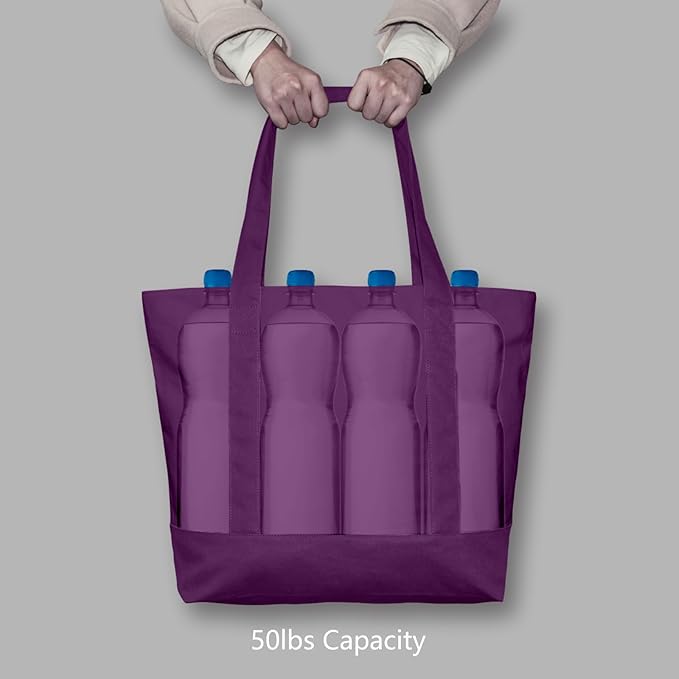 TOPDesign 1-Pack Canvas Tote Bags with an External Pocket, Reusable Grocery Shopping Bags, Top Zipper Closure, Daily Essentials (Purple)