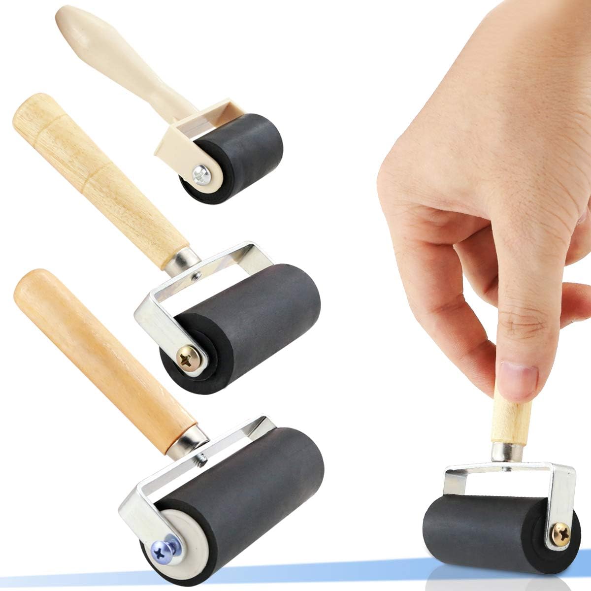 BIGNC 3 Pack Rubber Roller Brayer Rollers, Art Craft Roller for Print,Ink,Stamping Tools, 4 inch, 2.4 and 1.4 inch