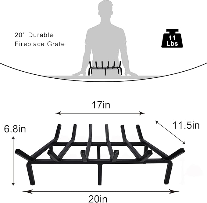 Heavy Duty Solid Steel Fire Grate - 20 Inch Wood Log Rack for Indoor Hearth, Outdoor Fire Pit & Chimney