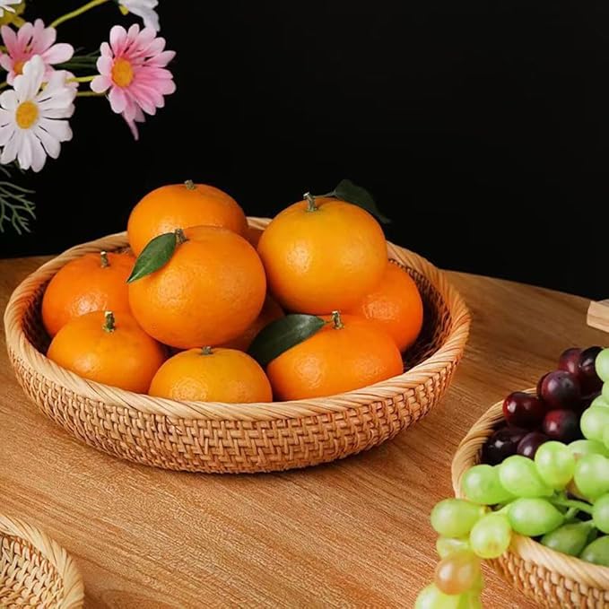 RT&BS Round Rattan Tray, Natural Rattan Decorative Tray, Christmas Food Tray, Handwoven Serving Baskets for Breakfast, Drinks, Snacks (L, Ø9.8 x 2'')