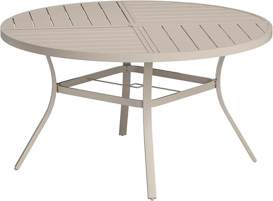 VICLLAX Round Patio Table with Adjustable Umbrella Hole for 6, All Weather Metal Outdoor Dining Table for Lawn Garden, 50" Outdoor Coffee Table, Cream Color Frame