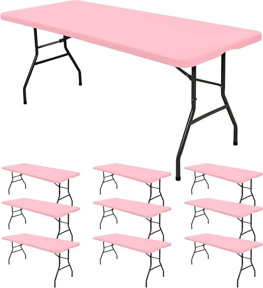 10 Pack Fitted Tablecloth for 6 Foot Rectangle Tables, Pink Elastic Outdoor Picnic Table Cover, Washable Stretch Folding Table Cloths 6 ft for Camping Party Patio Kitchen Banquet, 30" W x 72" L