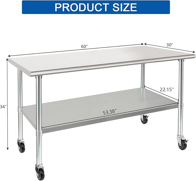 HARDURA Stainless Steel Table with Wheels 30 x 60 Inches Casters NSF Heavy Duty Commercial Work & Prep Table with Undershelf and Galvanized Legs for Restaurant Kitchen Bar and Hotel Garage