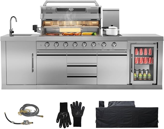 CT Copper Tailor 6-Burner Outdoor Kitchen BBQ Grill Island 99,000 BTUs with Sink, Fridge, Rear Burner, Side Burner, Storage Cabinets & Drawers, Cover, Stainless Steel with Natural Gas Kit)