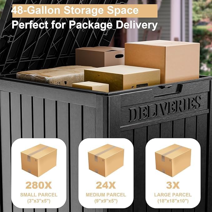 DRATO 48 Gallon Package Delivery Box, Large Lockable Storage Box, Double-Wall Resin Outdoor Package Delivery and Waterproof Deck Box for Porch, Patios（Black，48 Gallon）